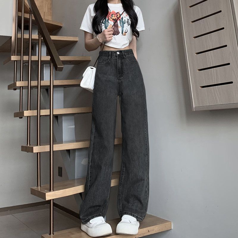 Hot-Selling Black-Gray Wide-Leg High-Waisted Loose Slimming Drapey Floor-Length Pants Trendy